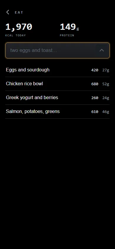 ESTR food screen with four naturally entered meals and daily nutrition totals